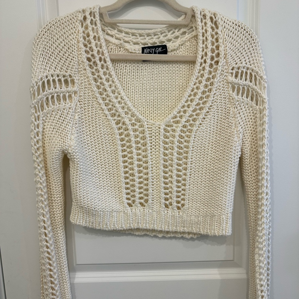 Nasty Gal Cream Knit Cropped Sweater